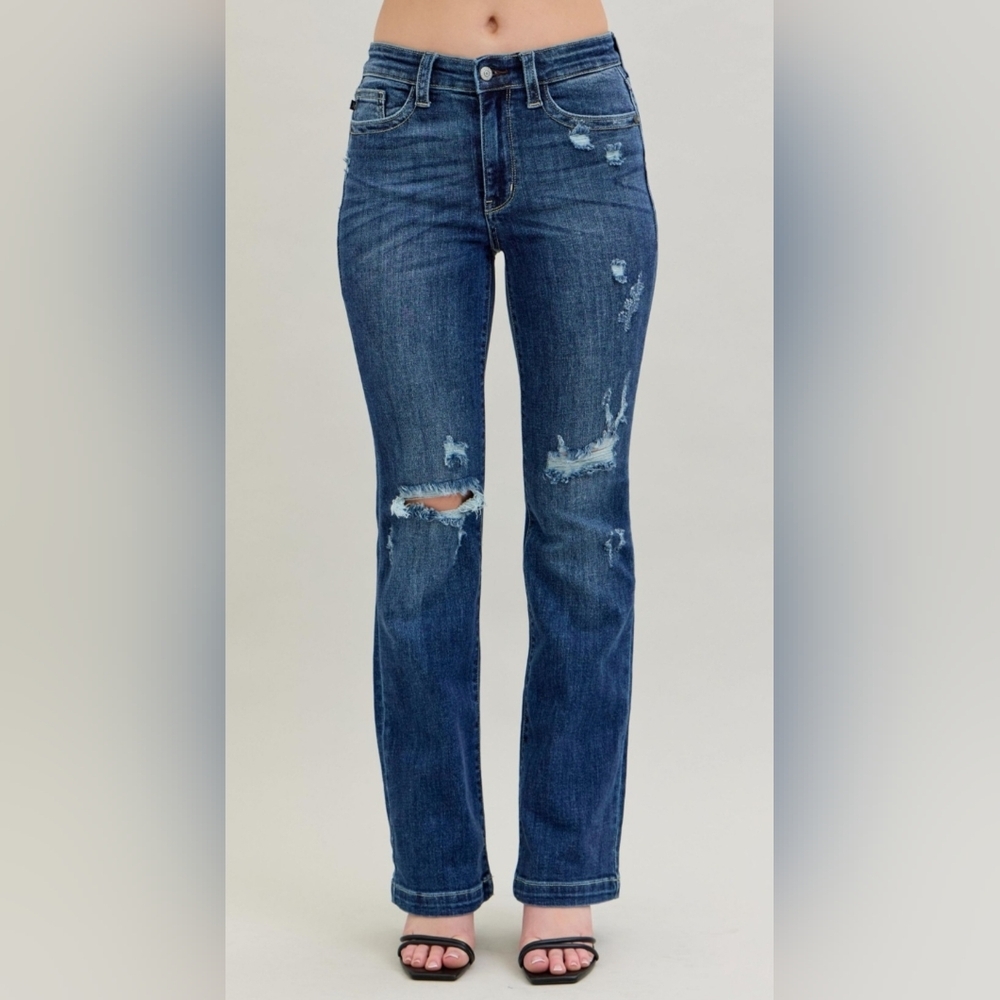 Judy Blue Mid Rise Dark Wash Hand Sand Distressed Bootcut Denim Jeans 13/31 NEW - Picture 3 of 16